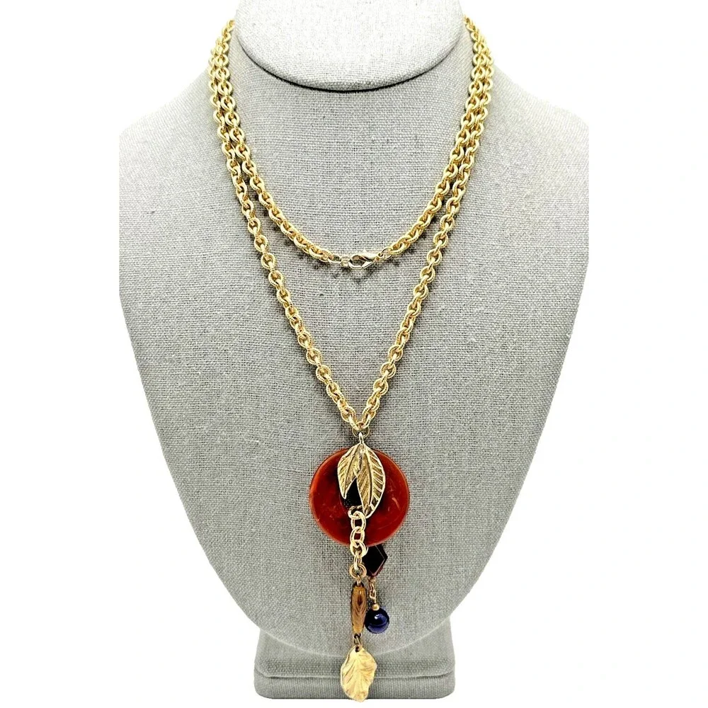 Vintage Tassel Necklace Long Gold Tone Chain Leaf Ring Statement Boho 33